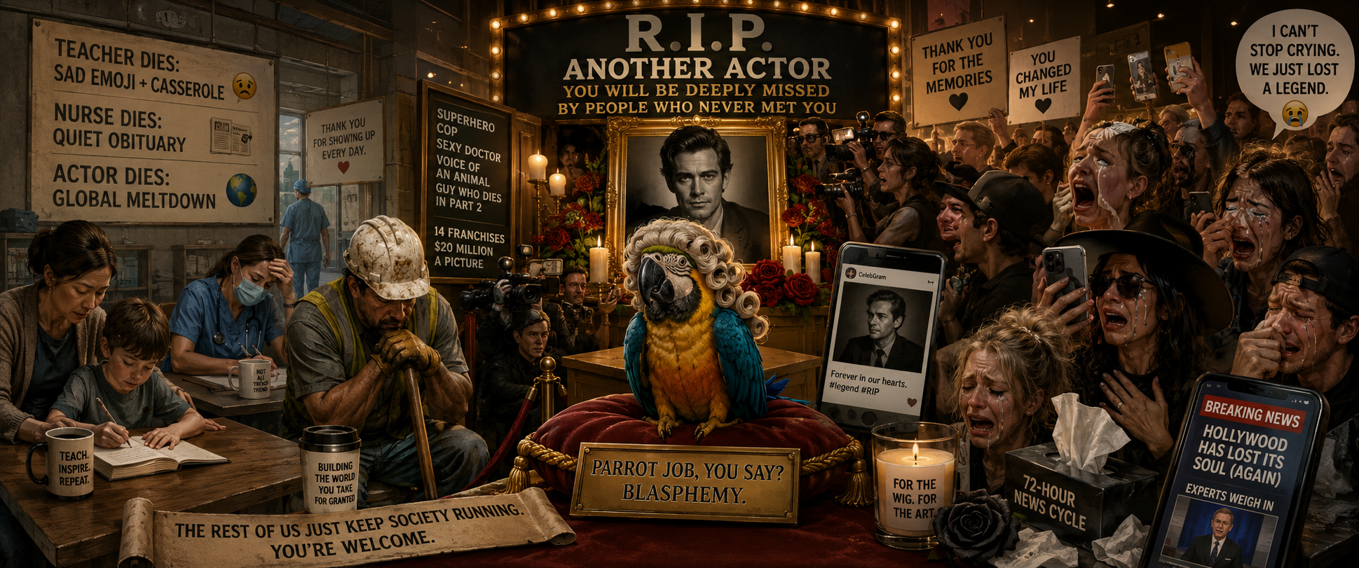 The Tragic Death of Yet Another Actor: Why We Pretend Their Parrot Jobs Matter More Than Yours